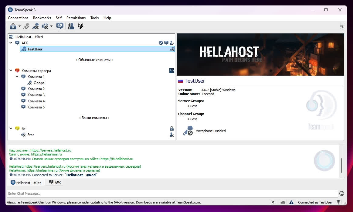 Windows клиент Teamspeak подключенный к серверу